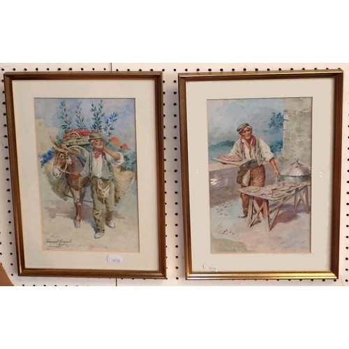 459 - Fernand Garguilo Sorrento: two watercolour studies of pastoral Italian characters, 26 x 36cm inc fra... 