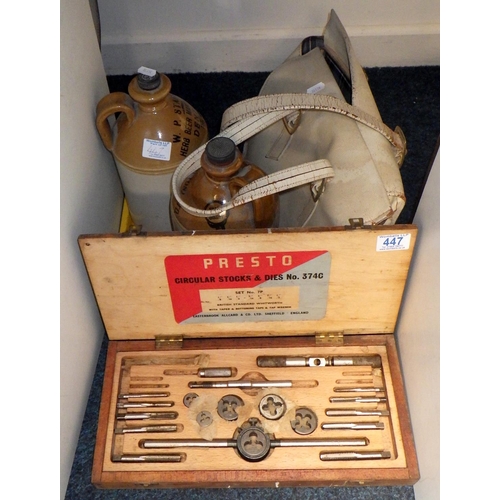 447 - Presto No 374C tap and die set along with two bowling balls and two earthenware jugs