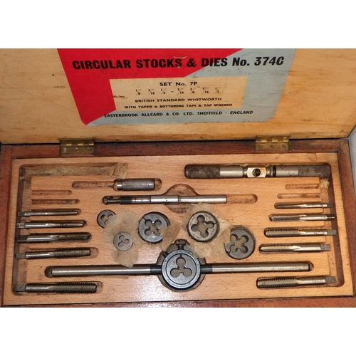 447 - Presto No 374C tap and die set along with two bowling balls and two earthenware jugs