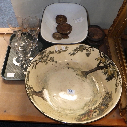 453 - Doulton washing bowl together with a set of scales, 5 glasses and a gilt framed wall mirror