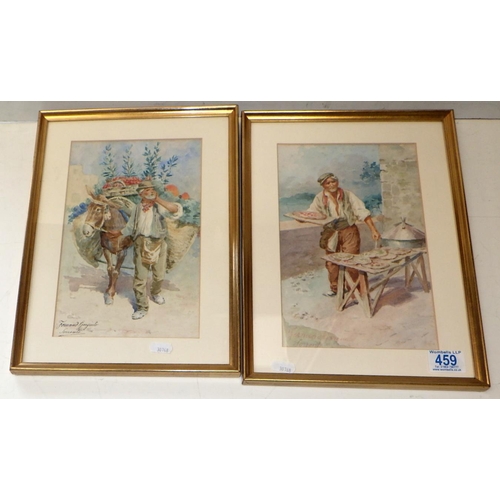 459 - Fernand Garguilo Sorrento: two watercolour studies of pastoral Italian characters, 26 x 36cm inc fra... 