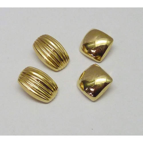 432 - Two pairs of clip-on stud earrings, yellow metal marked 14k.  Heads 15mm square and 22 x 14mm.