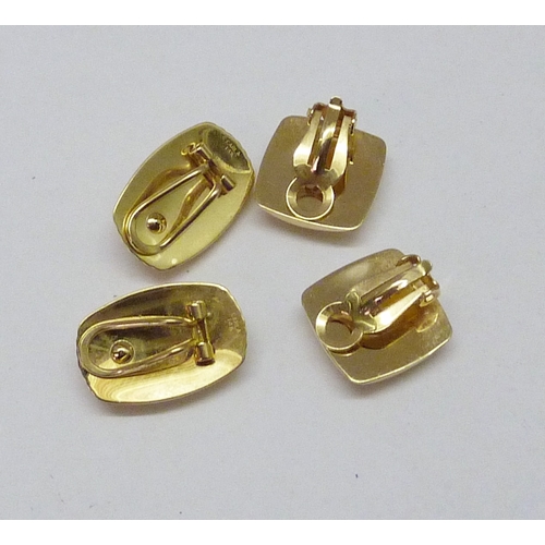 432 - Two pairs of clip-on stud earrings, yellow metal marked 14k.  Heads 15mm square and 22 x 14mm.