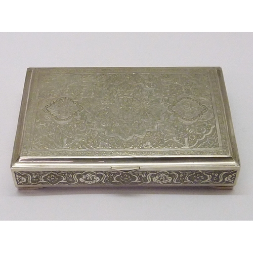 434 - A cigarette box, Turkish / Middle Eastern white metal 140 x 89mm.