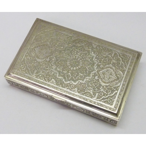 434 - A cigarette box, Turkish / Middle Eastern white metal 140 x 89mm.