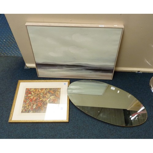 466 - A foliate watercolour, unsigned, oval mirror and a modern seascape oil on canvas (3)