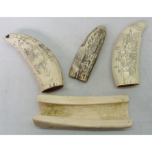 58 - Four marine / Napoleonic themed scrimshaw-style ornaments, late 20th cent resin.