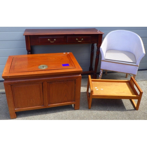 602 - An oriental box together with a mahogany side table, basket ware commode and a tray AF (4)