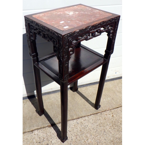 603 - A Chinese hardwood stand with red marble inset, 42cm wide