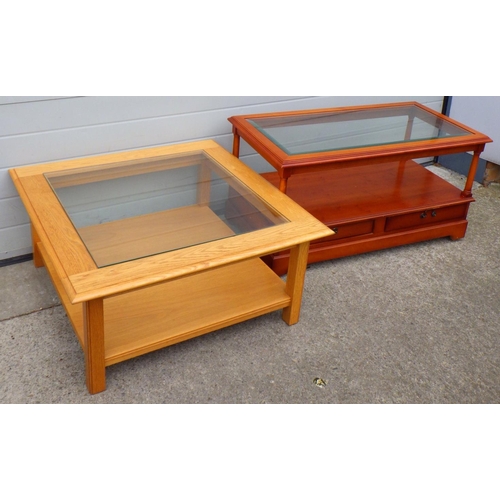 635 - Two glass topped coffee tables, longest 103cm long