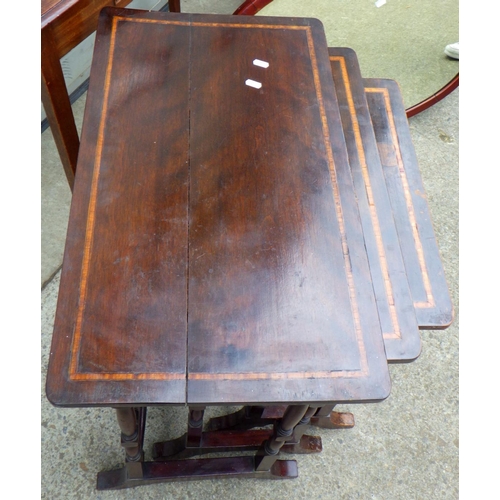 651 - A nest of three occasional tables, oval mirror, side table, button upholstered chair (a/f) (4)