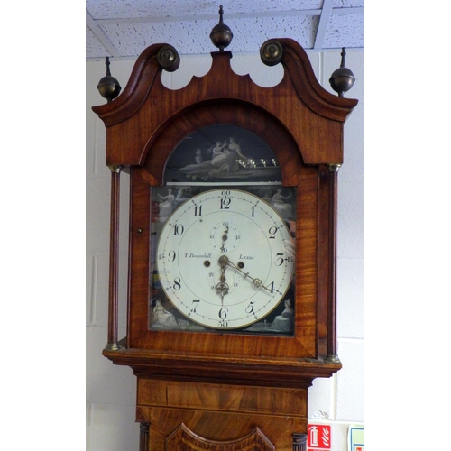 652 - A 19th cen oak & mahogany banded 8 day longcase clock with painted face, T. Brownhill, Leeds, 238cm ... 