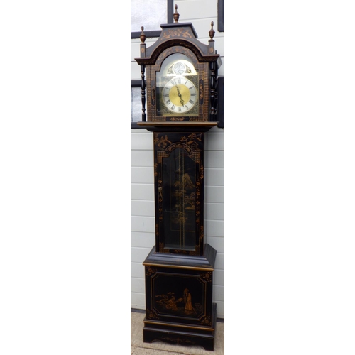 660 - A Tempus Fugit black painted longcase clock, 210cm tall