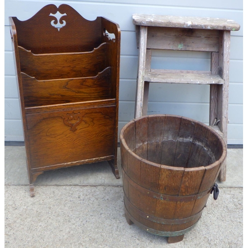 A coopered wooden bucket together with a set of low steps and an oak