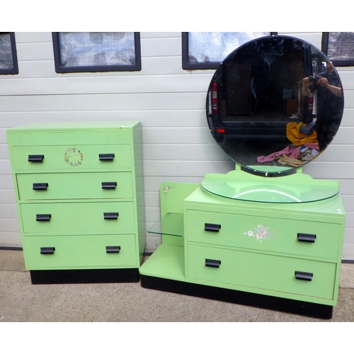 789 - A 1930's green painted chest 77cm wide & dressing table (2)