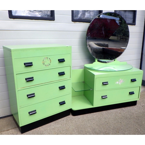 789 - A 1930's green painted chest 77cm wide & dressing table (2)