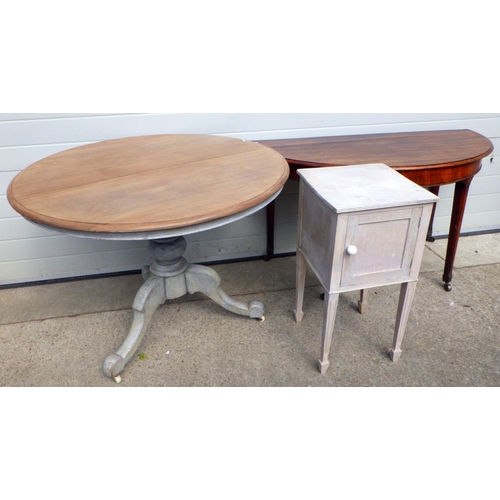 791 - A breakfast table with painted base 107cm across, missing bolts,  bedside cabinet & mahogany side ta... 