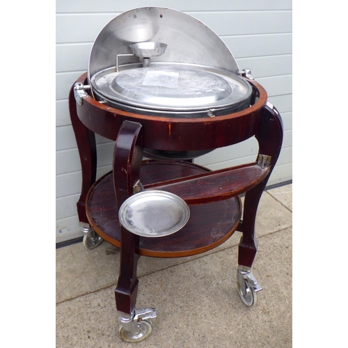 802 - A large dome topped meat trolley, veneer damage, 130cm tall approx