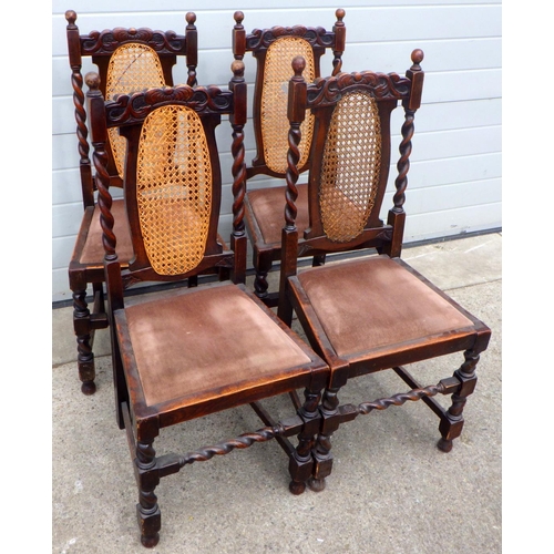 808 - A set of four 1930's barleytwist oak dining chairs, cane a/f