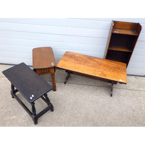 835 - An oak drop leaf occasional table, two coffee tables and a narrow low bookcase, worm (4)