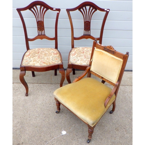 836 - A late Victorian nursing chair together with two salon chairs (3)