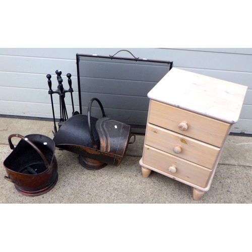 838 - Two coal scuttles, fire irons, firescreen & bedside chest (5)