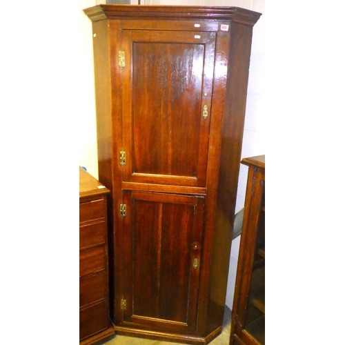 848 - A tall oak two door corner cupboard, old worm, later back boards, 198cm tall