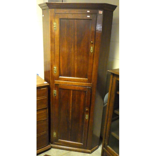 848 - A tall oak two door corner cupboard, old worm, later back boards, 198cm tall