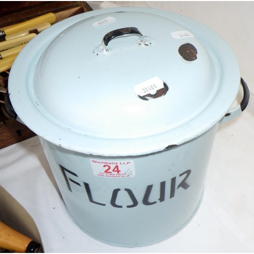 24 - An enamel flour bin; an iron mincer; a case of cutlery. (3)