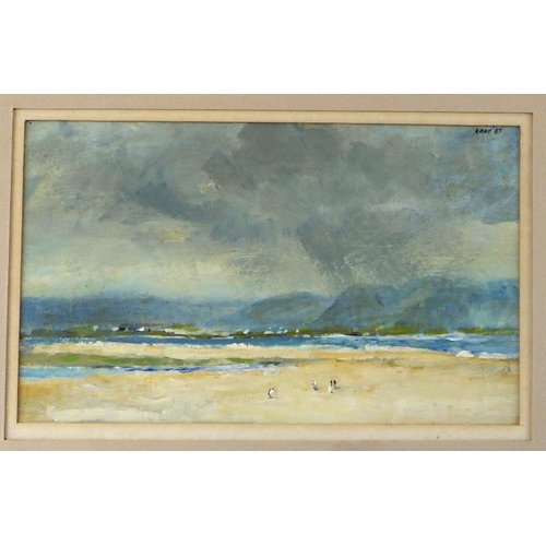 36 - A port view, Robert May 1987 painting on board, 23 x 14cm; a beach / coastal landscape by the same a... 