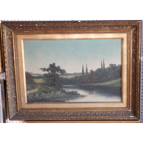 40 - River view landscapes, a pair of paintings on canvas signed D Baines, early 20th cent, 40 x 60cm; an... 