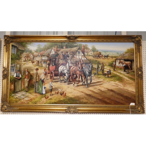 67 - C D Howells, coach and horses travelling through a village signed large framed oil on canvas 135 x 7... 