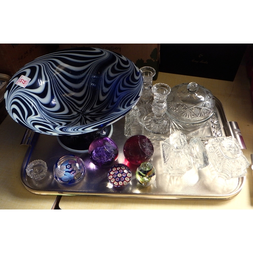 22 - A pedestal bowl, blue and white glass; paperweights incl Whitefriars 1953 Coronation interest; other... 