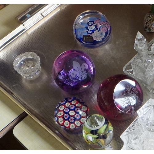 22 - A pedestal bowl, blue and white glass; paperweights incl Whitefriars 1953 Coronation interest; other... 