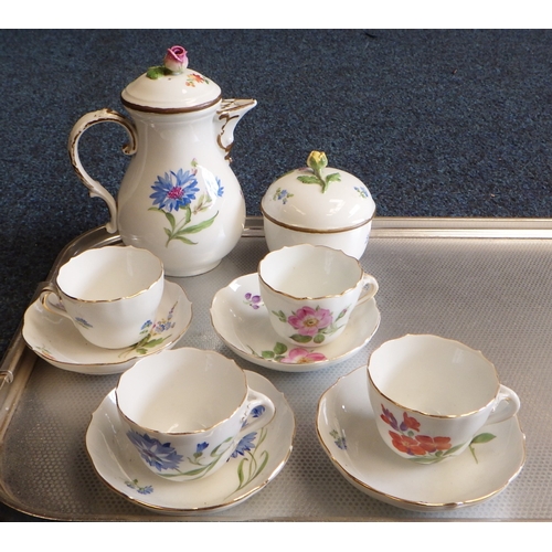 54 - A part Meissen coffee set together with a floral Bindenschild bowl