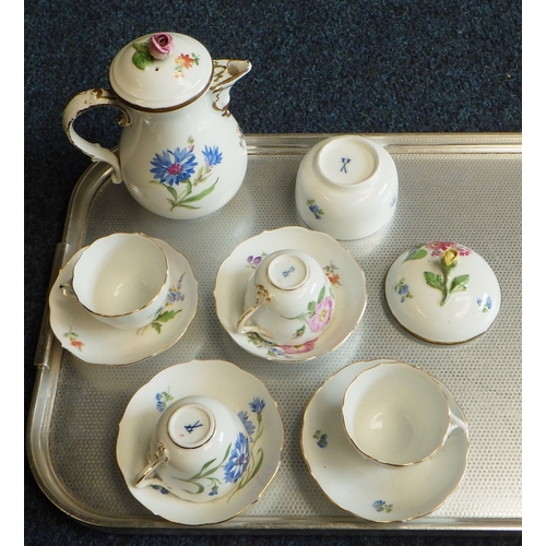 54 - A part Meissen coffee set together with a floral Bindenschild bowl