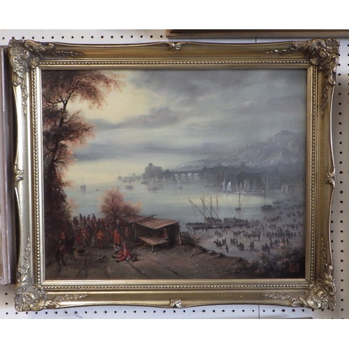 69 - An oil on board of a harbour scene signed bottom left  60 x 50cm inc frame