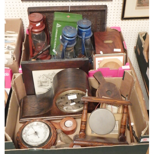 80 - Two boxes of misc collectables to inc dinner gong, mantle clock, barometer, lamps, tray etc (2)