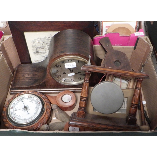 80 - Two boxes of misc collectables to inc dinner gong, mantle clock, barometer, lamps, tray etc (2)