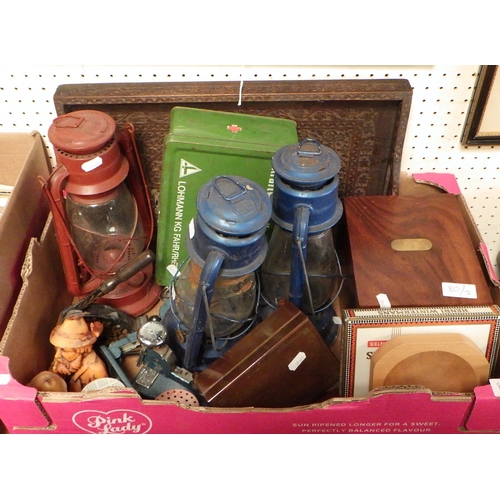 80 - Two boxes of misc collectables to inc dinner gong, mantle clock, barometer, lamps, tray etc (2)