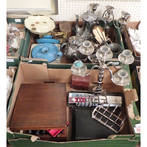 84 - Two boxes of misc silver plate, metal wares etc (2)