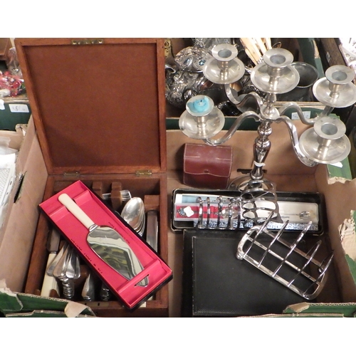 84 - Two boxes of misc silver plate, metal wares etc (2)