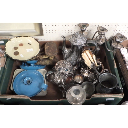 84 - Two boxes of misc silver plate, metal wares etc (2)