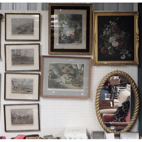 92 - A group of hunting related framed prints together with a rope twist mirror, still life and a girl on... 