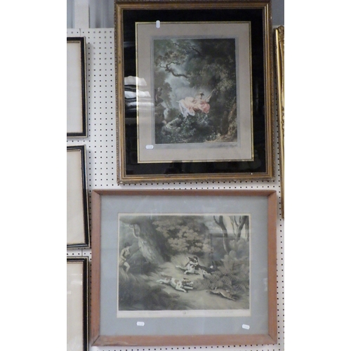 92 - A group of hunting related framed prints together with a rope twist mirror, still life and a girl on... 