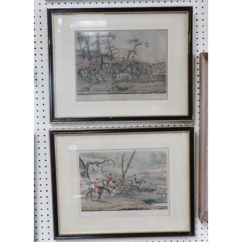 92 - A group of hunting related framed prints together with a rope twist mirror, still life and a girl on... 