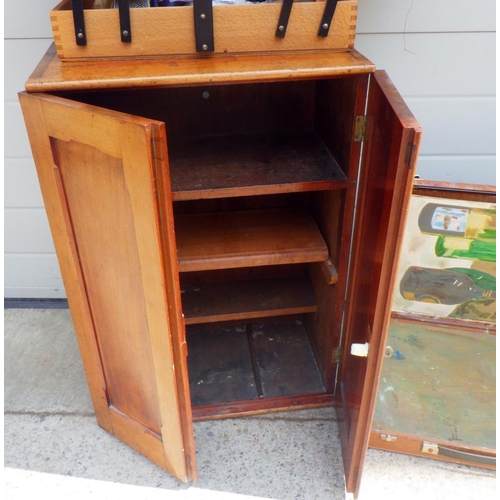 833 - A small 19thC mahogany cupboard together with a concertina sewing box and an artist box (3)