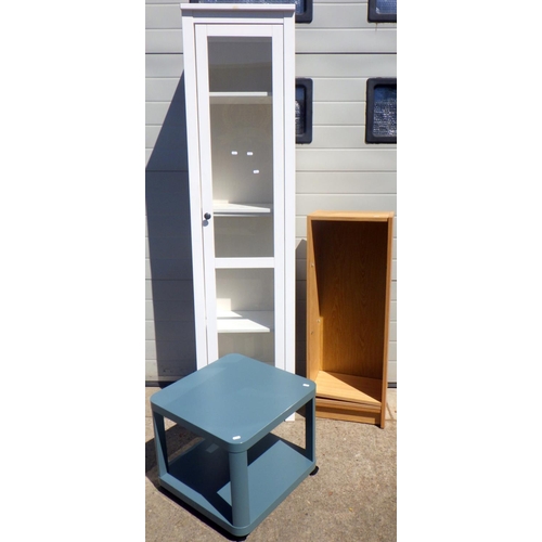 681 - A tall modern cabinet, 197cm tall, a bookcase and a blue coffee table (3)