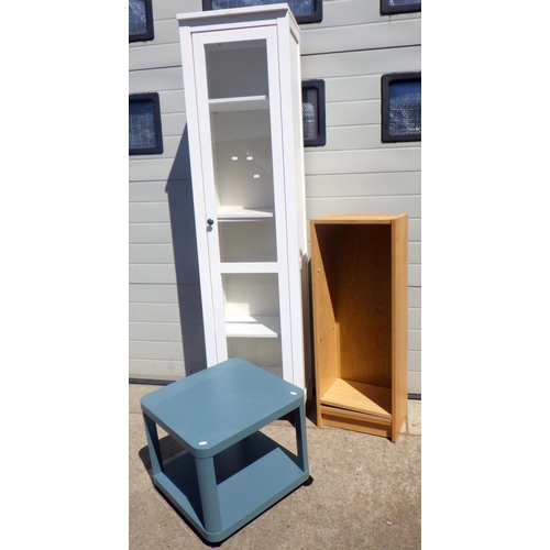 681 - A tall modern cabinet, 197cm tall, a bookcase and a blue coffee table (3)