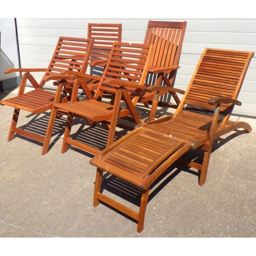 683 - Three teak garden chairs, another similar and a garden recliner (5)